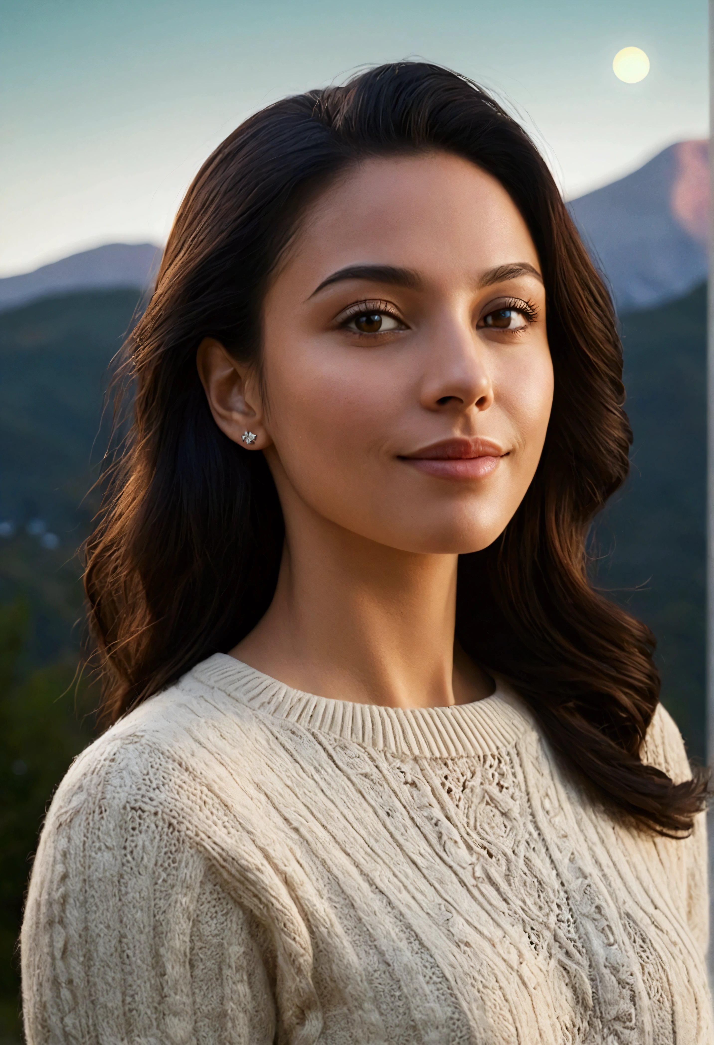 Create a high-quality photorealistic image, featuring a beautiful and confident woman in an outdoor setting suitable for a business profile. She should be looking directly at the camera with a cheerful and professional expression, wearing an elegant sweater. The environment should be natural, with a background of mountains or forest at dusk, where the moon and stars are visible in the clear sky. The image should be high resolution, with good shadow and lighting to enhance the texture of the skin, and an analog style with film grain. Use Instagram LUTs to adjust the tone and color of the image.