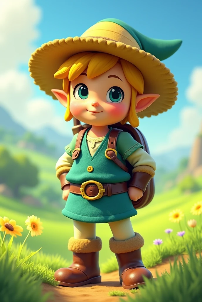 link from legend of zelda in a farmers yellow straw hat with a cute farmer outfit smiling