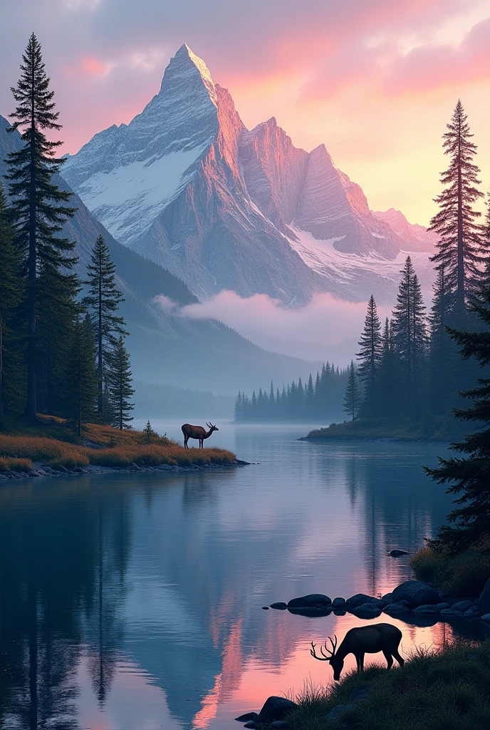 A breathtaking mountain landscape at sunrise, with towering snow-capped peaks bathed in the soft pink and orange glow of the early morning light. A clear, pristine lake reflects the mountains and sky like a mirror. Tall pine trees surround the lake, their dark green needles contrasting with the bright colors of the sky. A family of deer grazes peacefully near the water's edge, adding a touch of life to the serene scene. Above, a few wisps of cloud float in the otherwise clear sky. The overall mood is one of tranquility and natural beauty, with every detail sharp and vivid.
