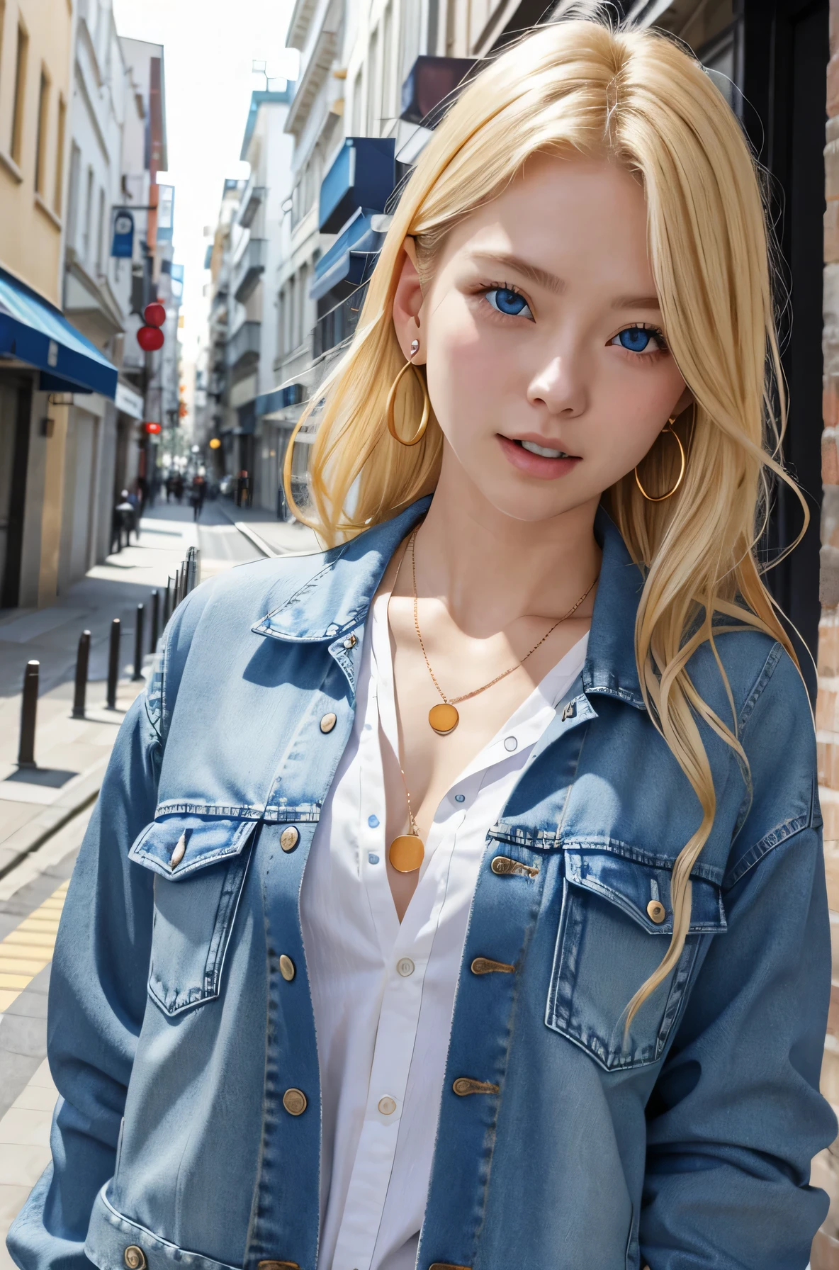 Clean white woman、、Blonde、blue eyes、、Open your mouth a little、Denim jacket、shirt、ear piercing、necklace、、The background is a city street