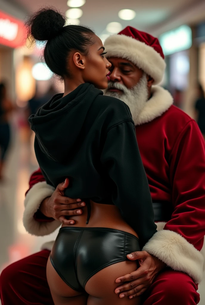 Black woman wearing black shiny pvc short shorts and black hoodie hair in a bun setting on santas lap in the mall. The look on her face is eyes wide open and excited side view backside view on top of santa kissing him. Santa pulling her shorts off ass view