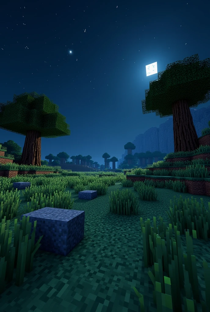 create a minecraft image at night on a plain with a jurassic appearance just the environment, dimension of 2560x1440 youtube thumbnail photo size 