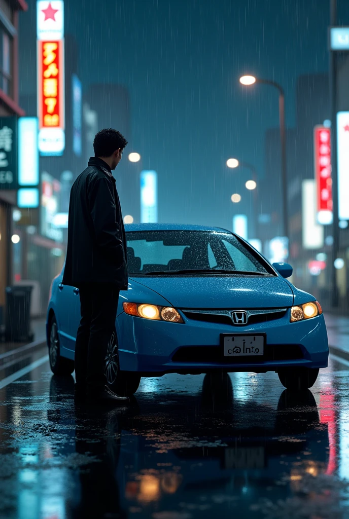 A blue 2008 civic on a rainy night in Tokyo with a man next to the car