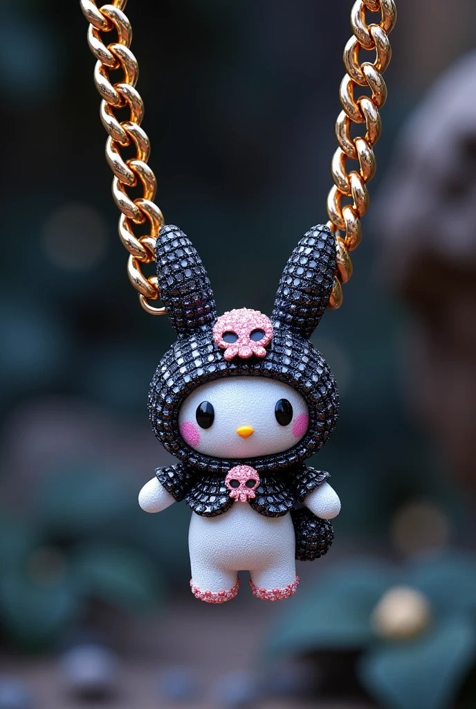 A Cuban-style chain necklace with a pendant featuring Kuromi is a fictional character. She is a naughty and somewhat rebellious bunny from the world of My Melody. Kuromi has a black hood with a pink skull in the center and a clown collar and a black demon tail, three-pointed triangular ears with two little balls on the tip of the female ear, and a white body. . Made of diamonds, diamond scraps facing forward.