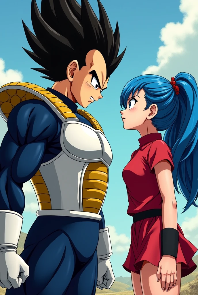 Vegeta's hair is standing on end.. He was wearing a dark blue suit and over it the typical armor that Saiyans wear.. against bura, right, dragon ball gt bura,blue haired girl,blue eyes,red t-shirt,Red mini skirt,Father and wife