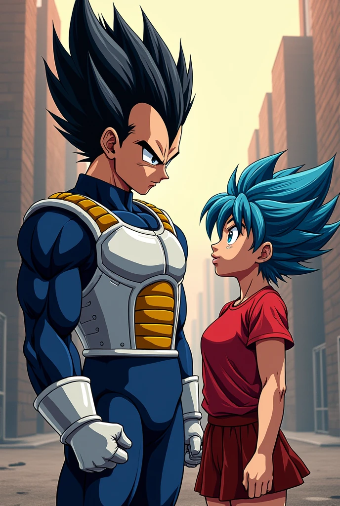 Vegeta's hair is standing on end.. He was wearing a dark blue suit and over it the typical armor that Saiyans wear.. against bura, right, dragon ball gt bura,blue haired girl,blue eyes,red t-shirt,Red mini skirt,Father and wife