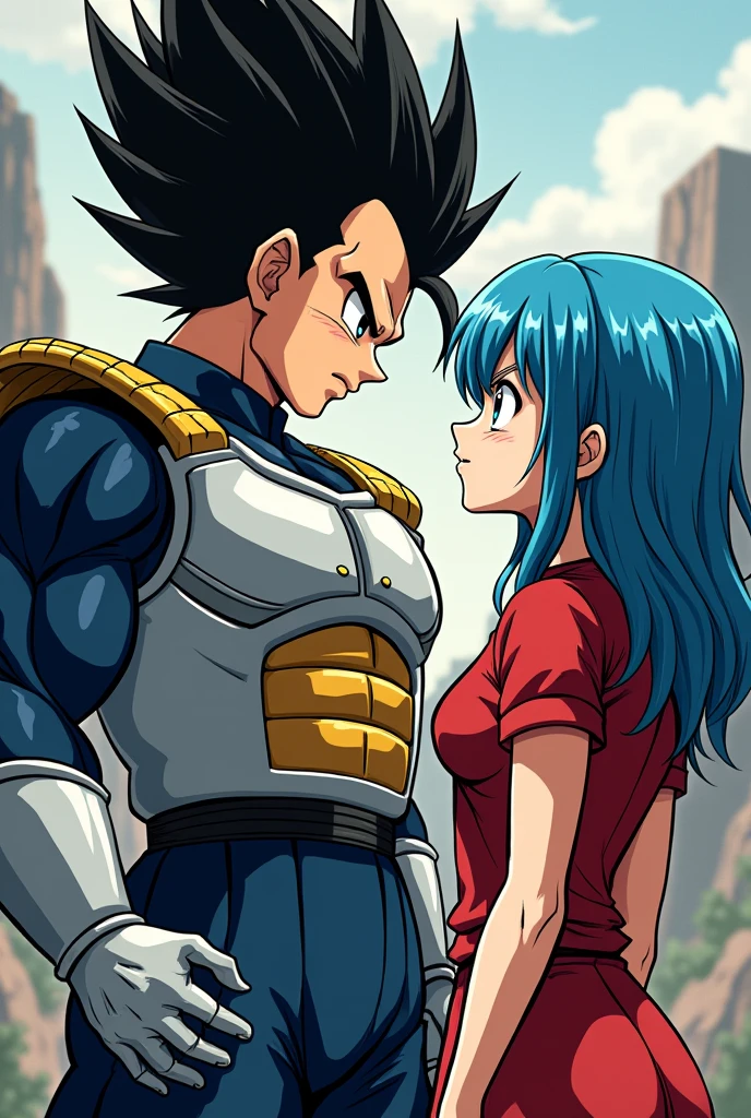 Vegeta's hair is standing on end.. He was wearing a dark blue suit and over it the typical armor that Saiyans wear.. against bura, right, dragon ball gt bura,blue haired girl,blue eyes,red t-shirt,Red mini skirt,Father and wife