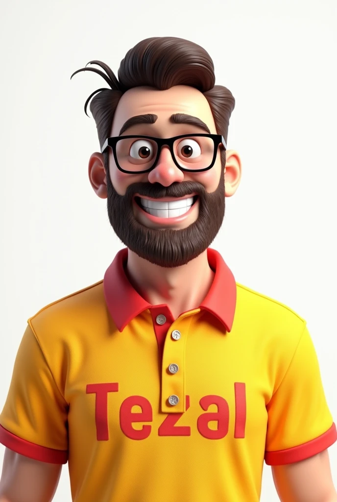 3d image portrait with white background 40 year old man white color, black hair, brown beard glasses large text crimped yellow polo shirt with red collar smiling