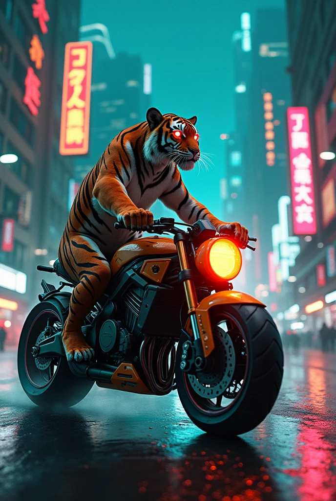 Tiger on a motor bike in cyberpunk at night, Teal Orange and Pink Neon light 