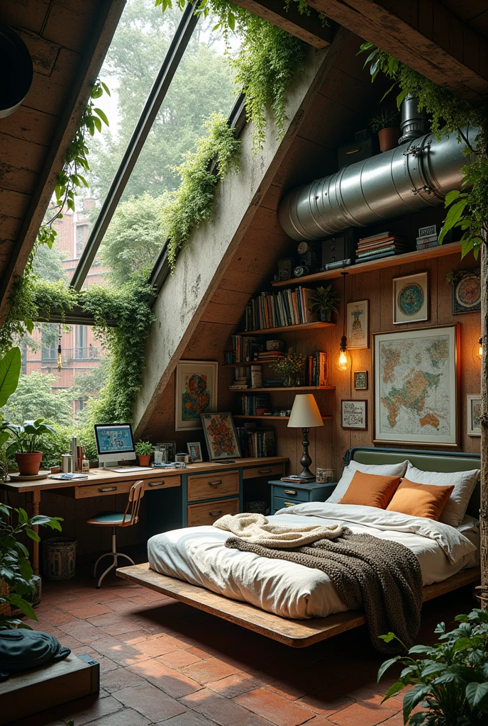 a cozy and aesthetic loft bedroom but the interior is biopunk with lots of vines and lush
moss everywhere even in the bed
the theme are combination of biopunk, cyberpunk, industrial, and steampunk
make it more inclined to retro future
the owner is an art student
add more art materials
floating bed
add a computer desk and a lot of architecture clutter