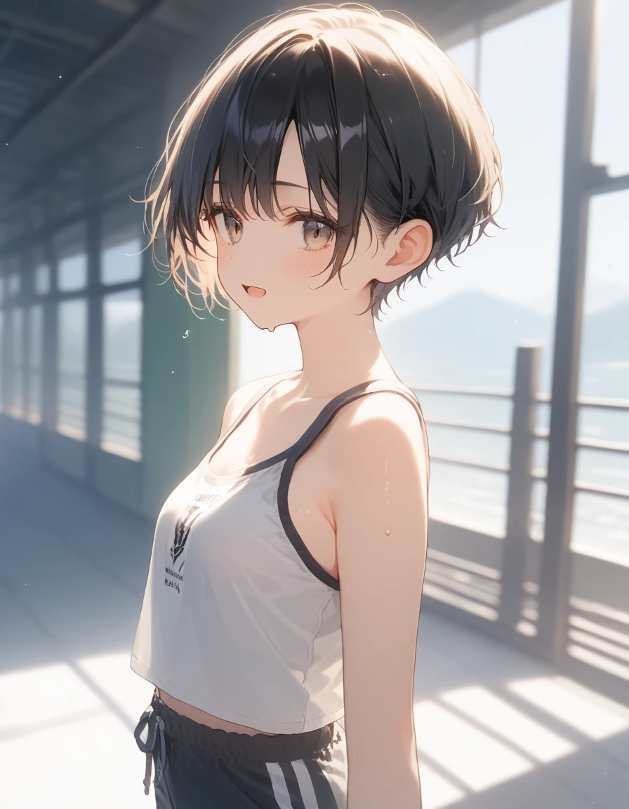 score_9, score_8_up, score_7_up, source_anime, best quality, masterpiece, official art, absurdres, highres, ultra-detailed,waifu2x,Collection: Slice of Life,break,1girl, short hair, pixie cut, flipped hair, small breasts, beautiful (well-shaped) breasts,beautiful detailed eyes, sweat, gym shorts, (wavy mouth:0.3), open mouth, (Detailed Lighting),(Detailed background),outdoors, break,(clear line illustration:1.2), super detailed skin,very high resolution, very aesthetic, Best sexual lighting powered by famous artist, 8k, 16k, cute picture,beauty illustration,photoshop_(medium),,best anime 8k konachan wallpaper, pixiv contest winner,
