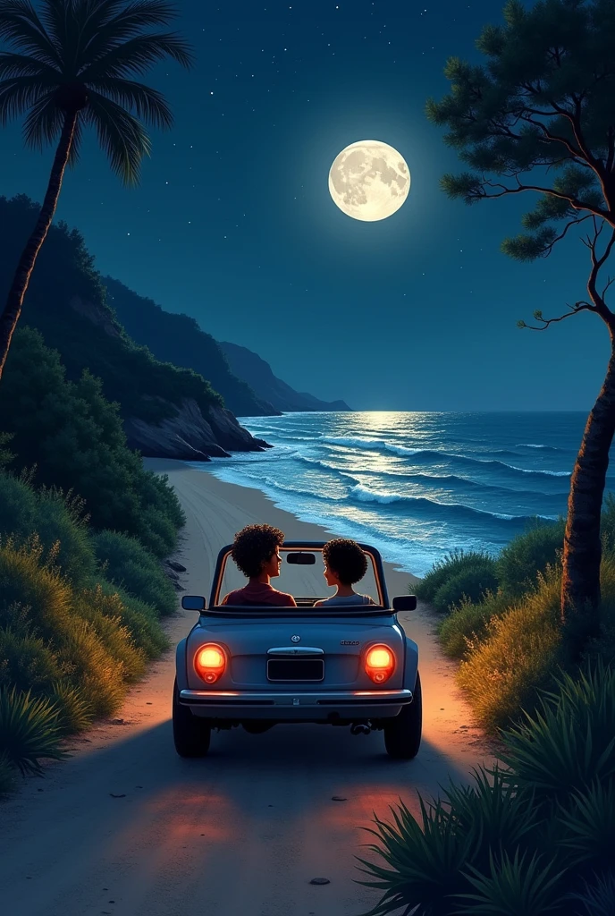 um casal, man with curly hair and woman with short curly black hair where they are inside a car going to the beach at night with a full moon. Where does he drive?. And in drawing form
