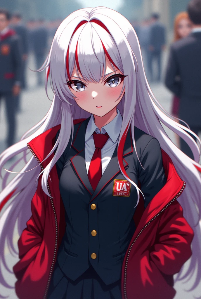 My hero academia, anime character, anime character,  anime face,  character design,  character design, long white hair with streaks of red, grey eyes, wearing a UA uniform, red jacket unzipped,