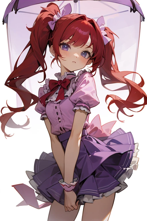 Red haired girl wearing pigtails, purple skirt with lots of ruffles, pink blouse,transparent socks