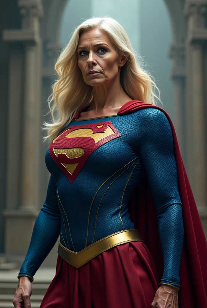 superstrong old  Supergirl Jean Smart Supergirl;strong arms; incredible woman; big breasts.  HD. Photograph, ((realism)), extremely high quality RAW photograph, ultra detailed photograph, sharp focus, high resolution, (detailed skin:1,3),high quality, film grain, Fujifilm XT3,Highly Detailed, movie, (Cinematic Photo:1.3) of (Realistic:1.3), by John Byrne/Jerry Ordway