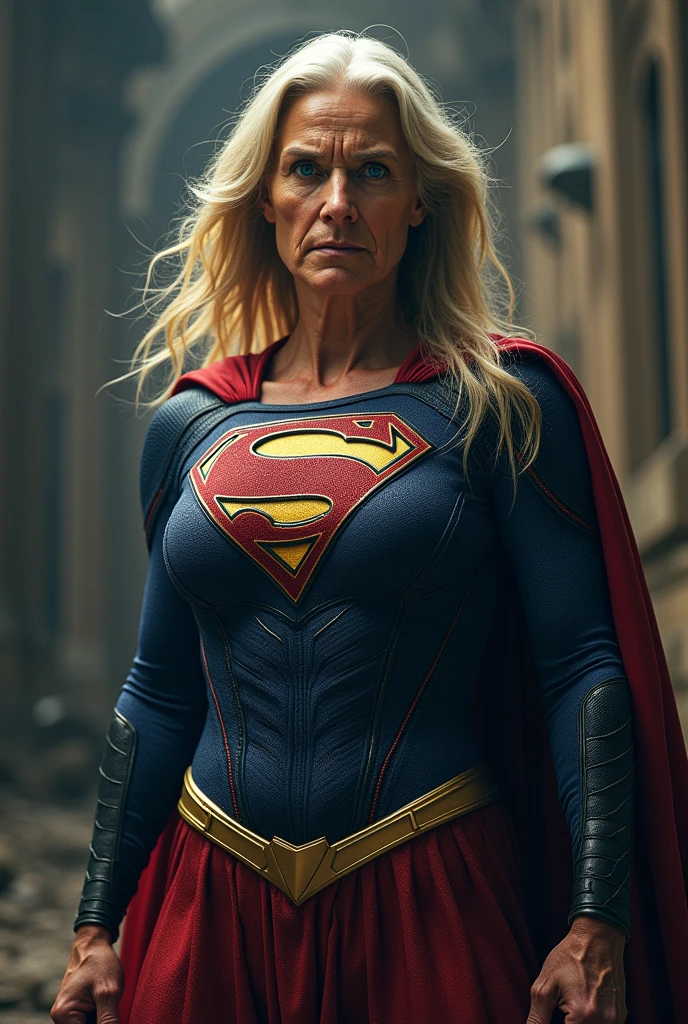 superstrong old Supergirl Jean Smart Supergirl;strong arms; incredible woman; big breasts. HD. Photograph, ((realism)), extremely high quality RAW photograph, ultra detailed photograph, sharp focus, high resolution, (detailed skin:1,3),high quality, film grain, Fujifilm XT3,Highly Detailed, movie, (Cinematic Photo:1.3) of (Realistic:1.3), by John Byrne/Jerry Ordway