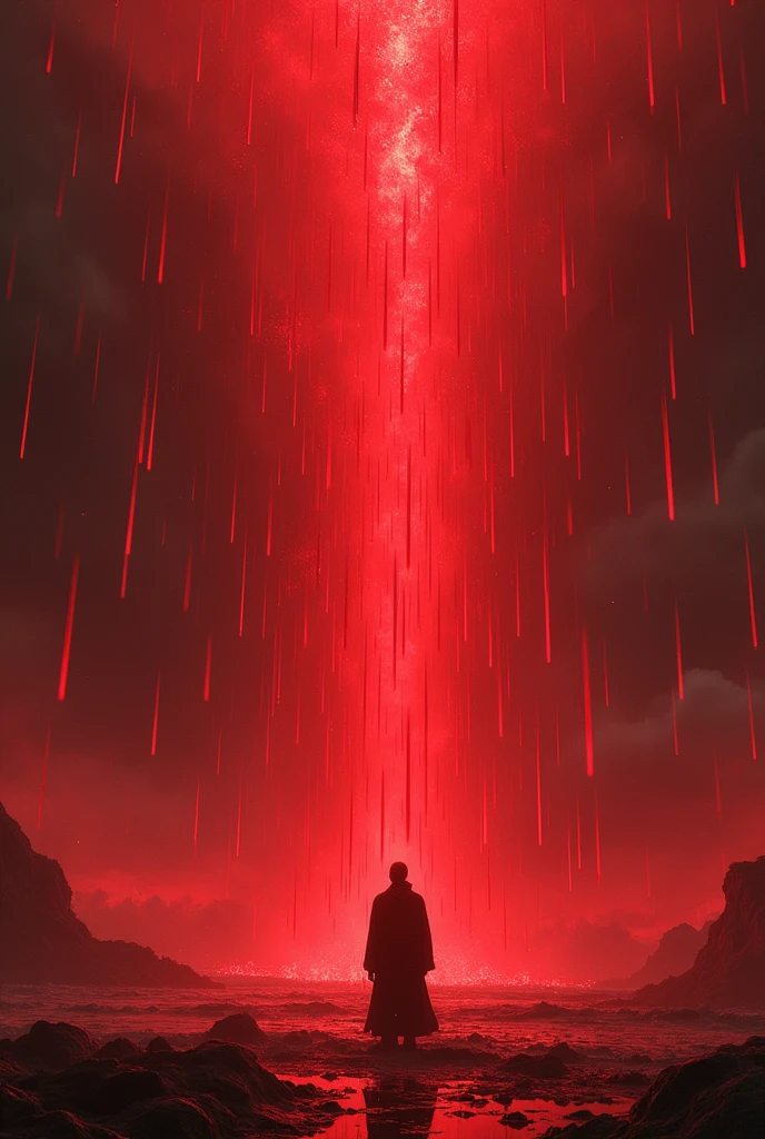 A raining crimson blades across the skies with red and dark color with highest quality domain expansion and there's a man standing in the middle chanting 