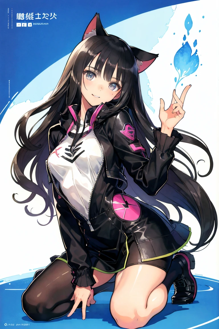 full body, mature, a cat woman, she has freckles, she has dark brown eyes, and an upturned nose, she is happy and smiling, she has long wavy hair, black hair, she is wearing aviator sunglasses with clear lenses in a soft watercolor style. The girl's clothes must be pink, purple, and blue in celebration of the bisexual, with stains of ink and watercolor mixing and filling the scene. There should be a subtle, nuanced change in colors using the impasto technique with gouache paint. There should be a light rain in the watercolor painting with a little watercolor paper texture and a pastel background.