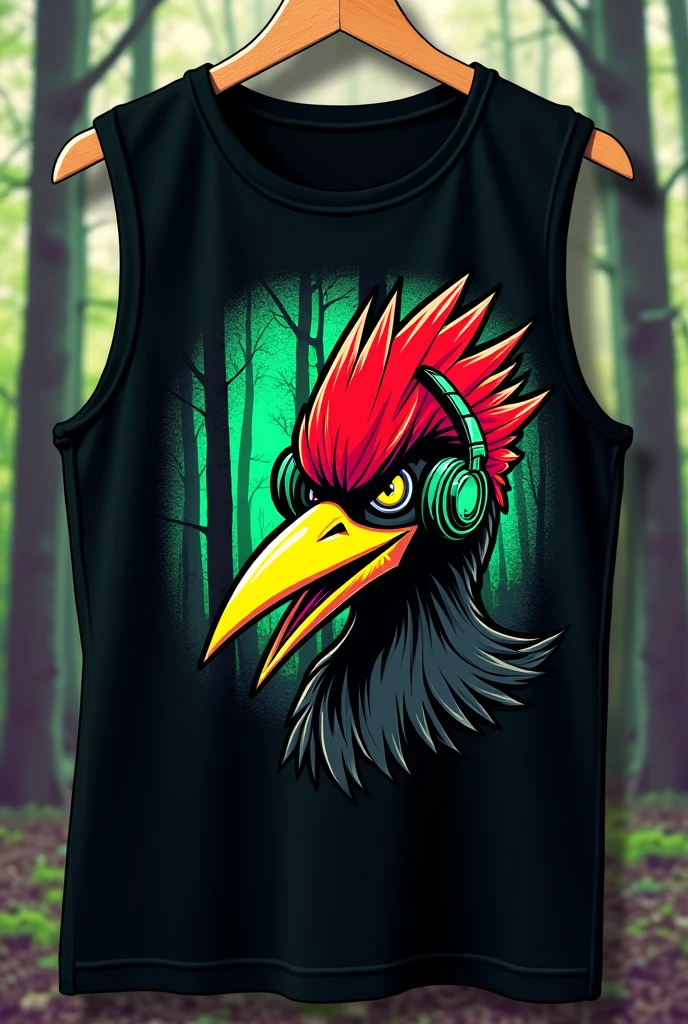 A mockup of a black vest. At the front, A cartoon illustration of a woodpecker's face, with an aggressive visual, using headphones. The feathers on the woodpecker's head should be red and black., and the long yellow beak. Place trees in the background of the illustration, and make a color balance of neon green and red