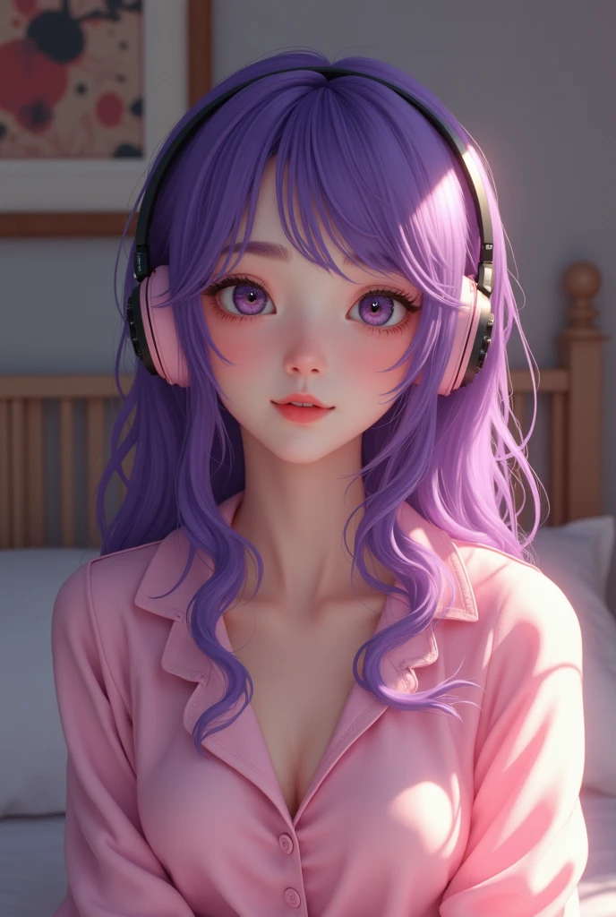 Korean purple hair butterfly woman with headphone and cute pink pajamas realistic bedroom background