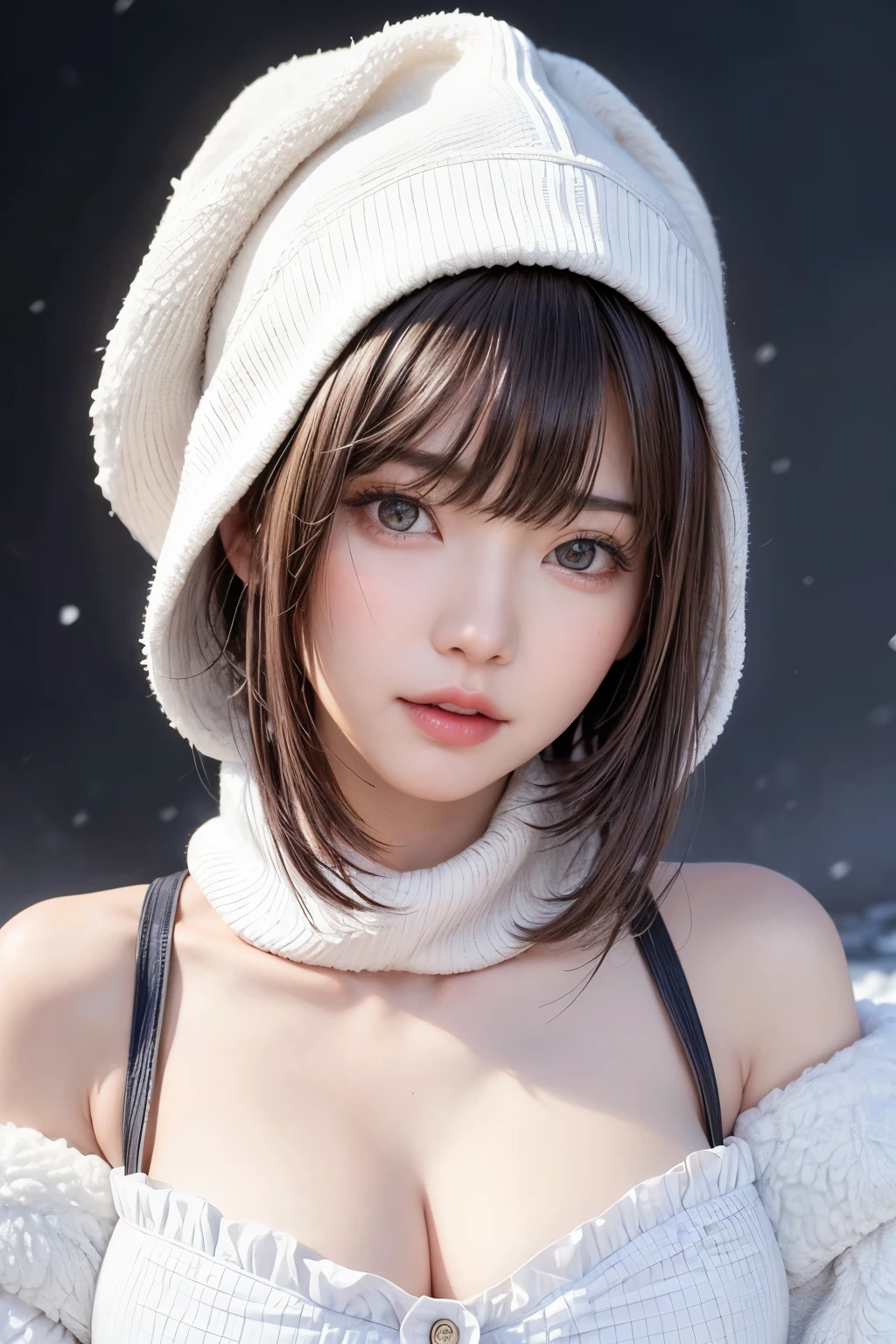 (masterpiece, Highest quality),One Girl, solo, Black-haired, scarf, hat, Realistic, Realistic, Looking at the audience, Light-coloured black eyes, Short brunette bob hair, Brown coat, Winter clothes, White headscarf, Lips, Bans, Plein Air, Mouth closed, Upper body、Big eyes、Eyelashes、((Beautiful landscape with sparkling snow、Beautiful snowy landscape background with no people around))、(((Short bob hair with bangs、Shiny Hair、Big eyes、large full chest、Intensely accentuates the eyes、Staring at the audience、Beautiful beauty、Listen carefully、Long neck、Smile a little、Please close your mouth and laugh、Ideal body proportions)))、{huge|big|hugeな|Mega} chest:2, chestの谷間:2、