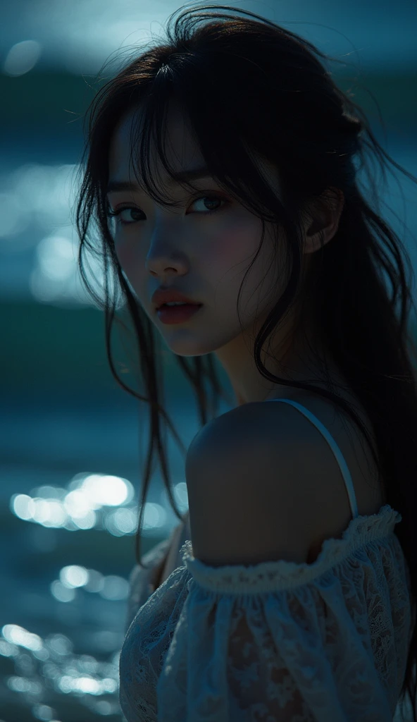 Beautiful girl,Highest quality,masterpiece,detailed,night,Beautiful girl,Shadows reflected on the water,The sound of waves,In a place where time is forgotten,Quietly close your eyes,Face close-up,Look forward