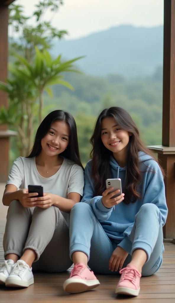 A beautiful Indonesian girl aged 15 years, pakai kaos dan long pants, wear white snickers, sit down, smile facing the camera, Beside him there is a beautiful young Indonesian woman, his body is quite fat, fair skin, big nose, long wavy hair, wearing a blue hoodie, long pants, wearing pink sneakers, sit down tanganya pegang ponsel, happy face facing the camera, on the terrace of a beautiful country house, night atmosphere, minimal defects, very detail, realistic, 8K picture