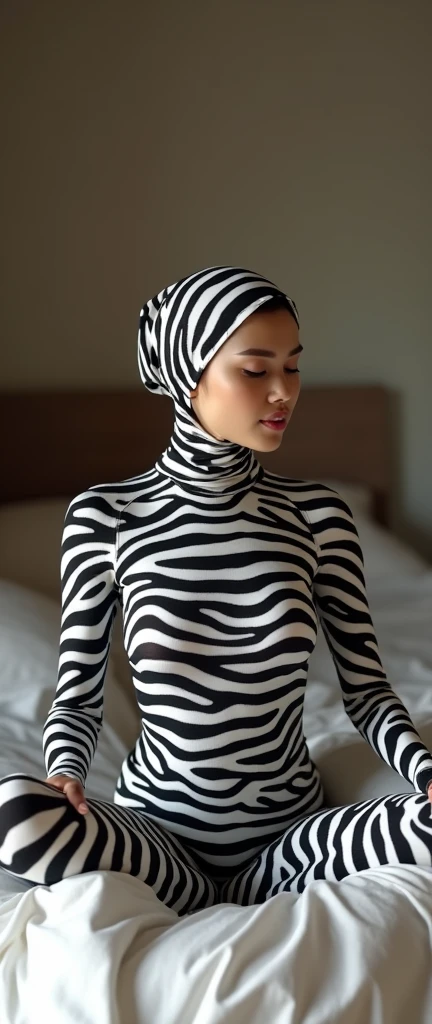 The most beautiful,thin,most pretty and clever Asian Malaysian muslimah adult girl wears zebra print lycra turtleneck unitard catsuit covered with many stripes.She always wear zebra print lycra dancewear stretchy square hijab covered with many stripes.She sleeps on the bed like a catnap.