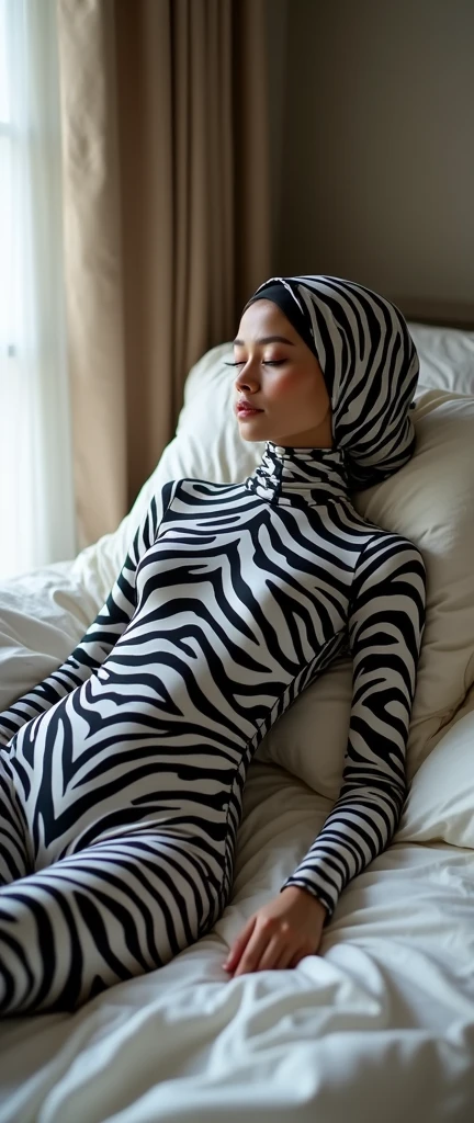 The most beautiful,thin,most pretty and clever Malaysian muslimah adult girl wears zebra print lycra turtleneck unitard catsuit covered with many stripes.She always wear zebra print lycra dancewear stretchy square hijab covered with many stripes.She sleeps on the bed like a catnap.
