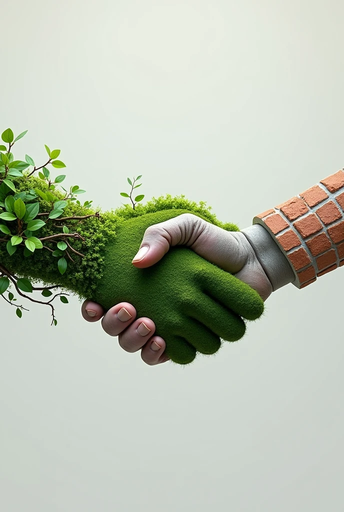 I want a handshake between a green hand with several leaves and branches and another hand made of construction bricks, the fingers as if they were several bricks with plaster 
