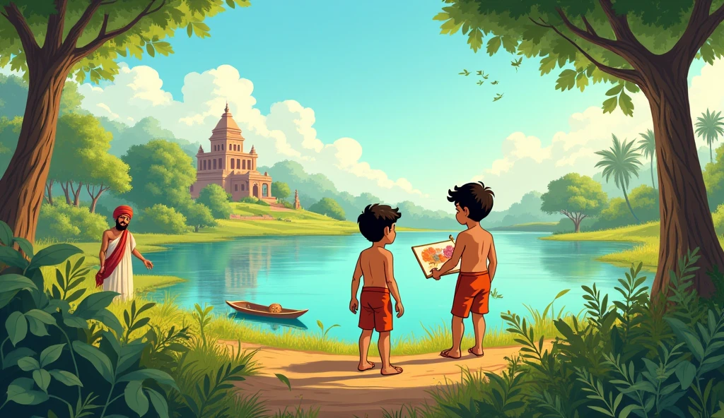 Background:** View of the village lake and greenery.
- **Middle:** Big images of Suraj boy and Chandra boy, Suraj boy working in the field and Chandra boy busy in art by painting nicely
- **Right:** Image of ancient temple and Sadhu Baba.
- **Bottom:** Big letters “Mahakahare Ki Mahakatha” and small letters “Journey to Sarovarpur.” Cartoon image