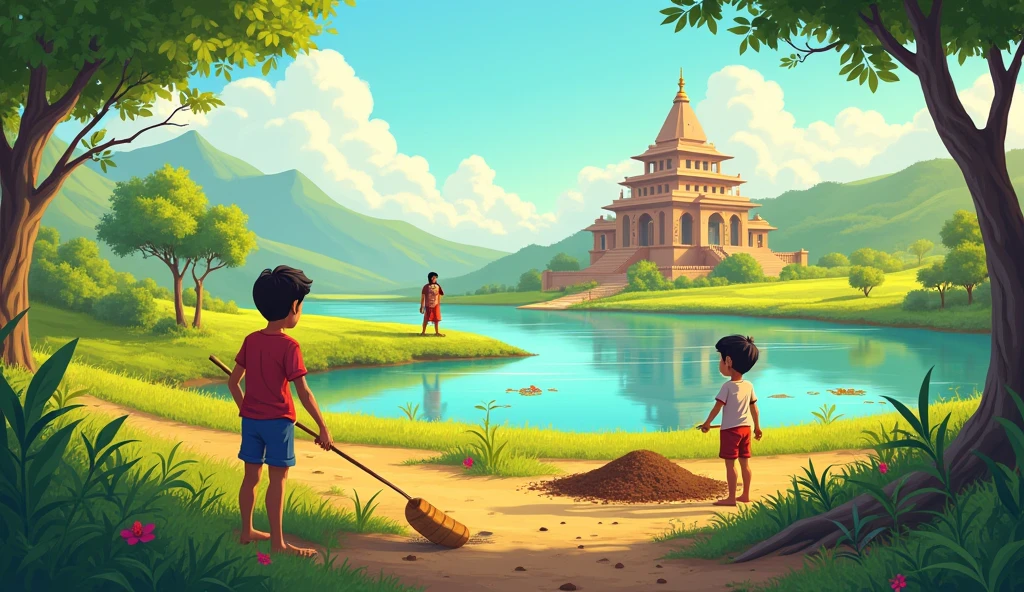 Background:** View of the village lake and greenery.

- **Middle:** Big images of Suraj boy and Chandra boy, Suraj boy working in the field and Chandra boy busy in art by painting nicely

- **Right:** Image of ancient temple and Sadhu Baba.

- **Bottom:** Big letters “Mahakahare Ki Mahakatha” and small letters “Journey to Sarovarpur.” Cartoon image