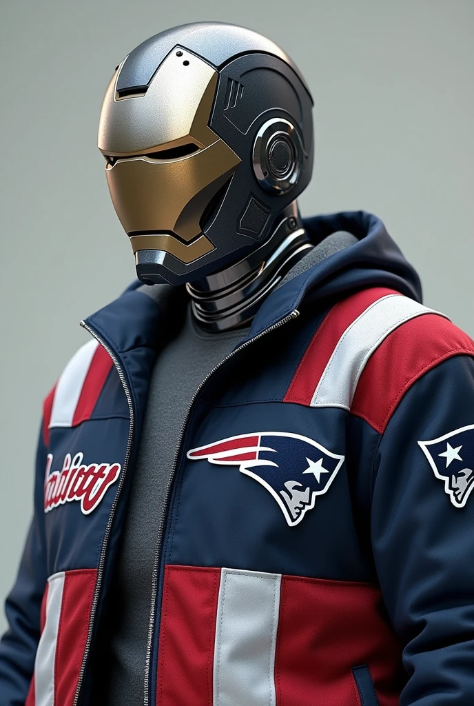 (photorealism:1.2), Full body Ironman with open front helmet, wearing New England Patriots jacket