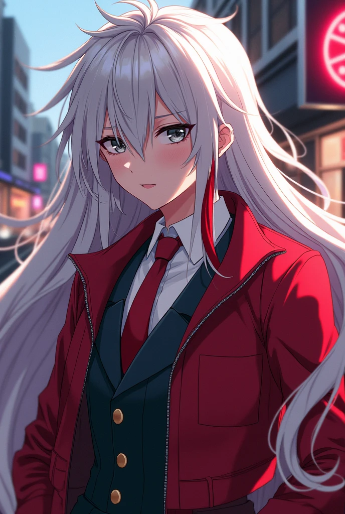 My hero academia, anime character, anime character, anime face, character design, character design, long white hair with streaks of red, grey eyes, wearing a UA uniform, red jacket unzipped,
