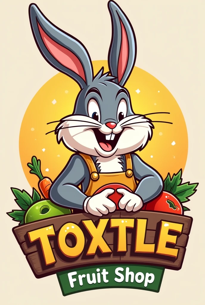 Logo with a chubby Bugs Bunny that says Toxtle fruit shop with his apron
