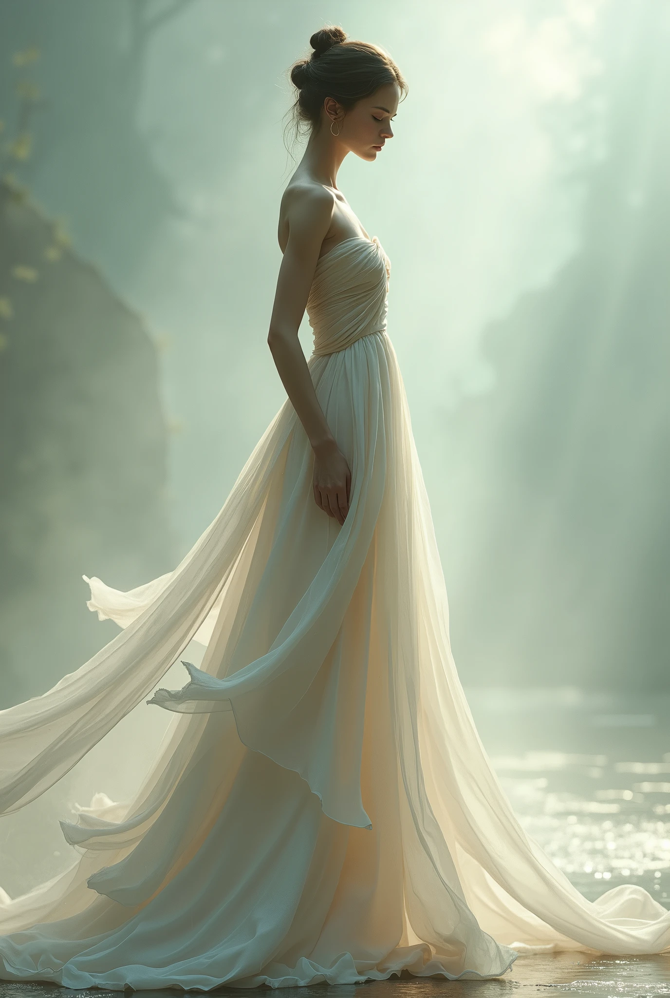A tall thin waif in a silk gaussian gown 8k,