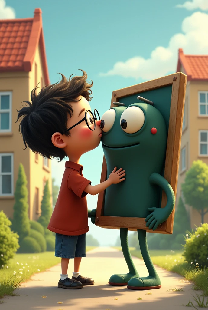 makes a boy with a neck, glasses kissing with a board with legs, arms and eyes, outside a school