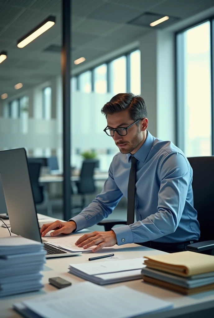 have a male person organize electronic and physical files in an office