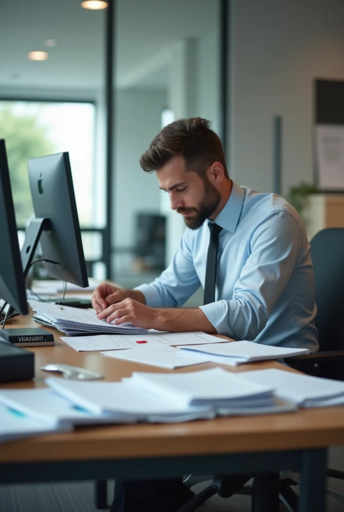 have a male person organize electronic and physical files in an office