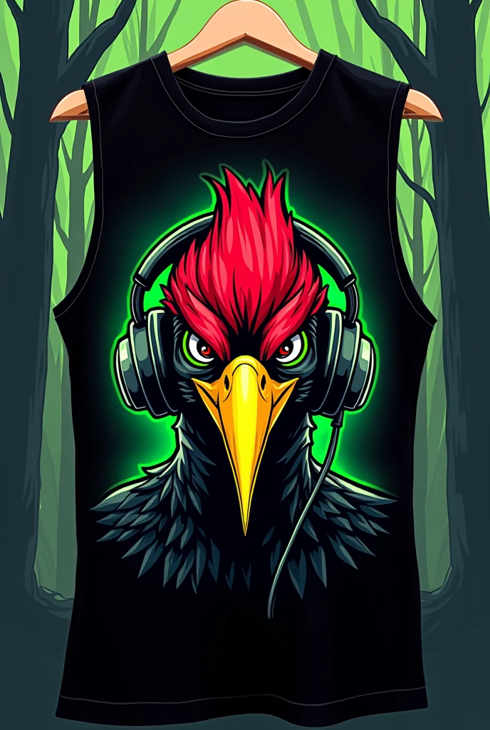 A mockup of a black vest. At the front, A cartoon illustration of a woodpecker's face, with an aggressive visual, using headphones. The feathers on the woodpecker&#39;s head should be red and black., and the long yellow beak. Place trees in the background of the illustration, and make a color balance of neon green and red
