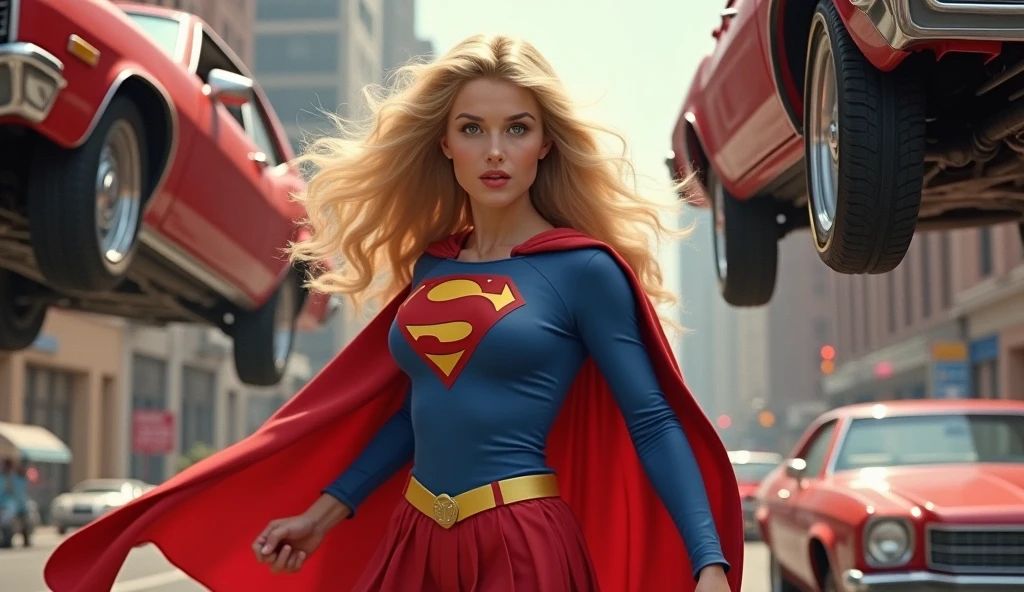 Helen Slater Supergirl (1984 Supergirl Costume), lifting a car with one hand.