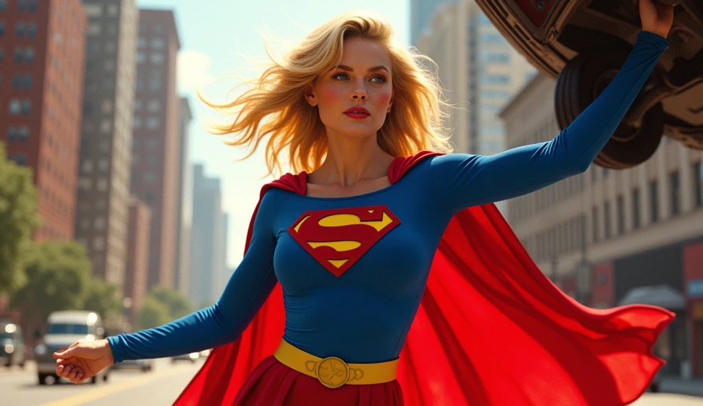 Helen Slater Supergirl (1984 Supergirl Costume), lifting a car with one hand. 