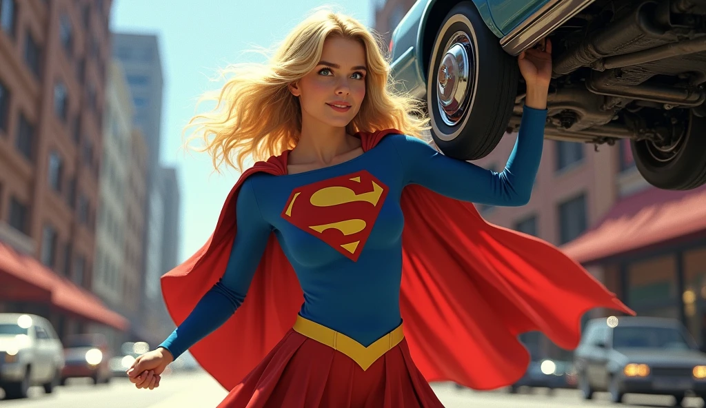 Helen Slater Supergirl (1984 Supergirl Costume), lifting a car with one hand. 