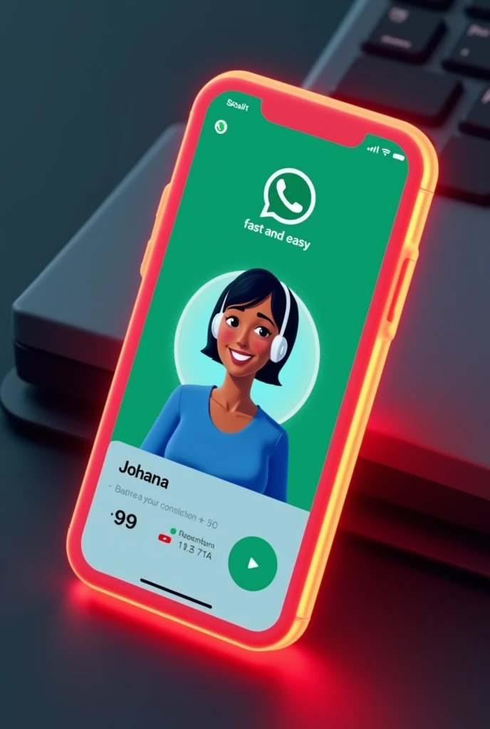 Create a glass id card of a WhatsApp profile placed on a black desk, at the top the phrase FAST AND EASY that shows the large WhatsApp logo, create a 3D illustration of a latina woman with short hair, You must wear a blue blouse and a white headset. The photo of the girl in a circle with the name of the WhatsApp social network user Johana in black below the profile photo and 99 written messages, WhatsApp card glows red and yellow on the edge. In one corner is the one held with two fingers.