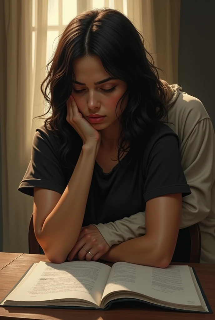 A young Brazilian woman in her 20s with medium, dark straight hair,Caucasian skin, gorda,wearing black twill pants and a t-shirt. She is sitting in front of several papers and Jesus is hugging her..