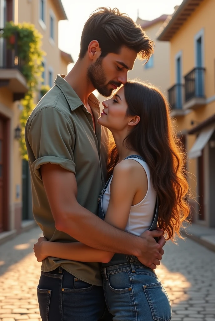PICTURE REALISTIC, tall thin man, casual clothes, woman in denim overalls, long brown hair, hugging in a square.