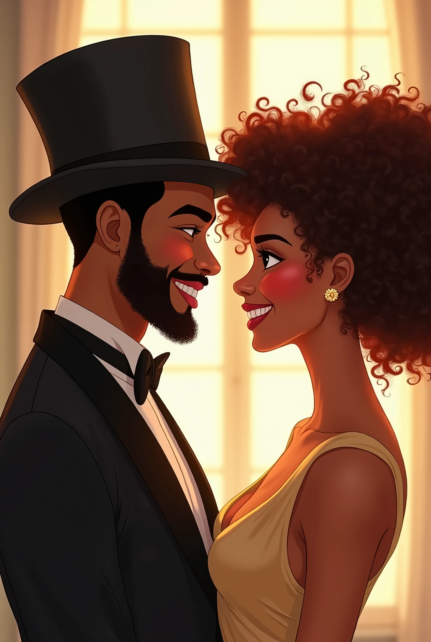 An illustration of an adorable couple, Spotlight on a black man with a beard in a top hat and black outfit, e uma mulher cabelo cacheado com lindos olhos expressivos e roupa elegante, The man's skin is mulatto ,The woman's skin is caramel tone, Woman's hair is curly with highlights. They are a bright room, cada um com um sorriso no rosto, e compartilhar um momento especial caracterizado pelo amor, Insights. Illustrate this scene from a perspective where they are facing the camera, Smiling and Showing Your Connection. Desenvolva esta arte em Full HD, Focus on your cinematic touch, Estilo Disney Pixar Animations