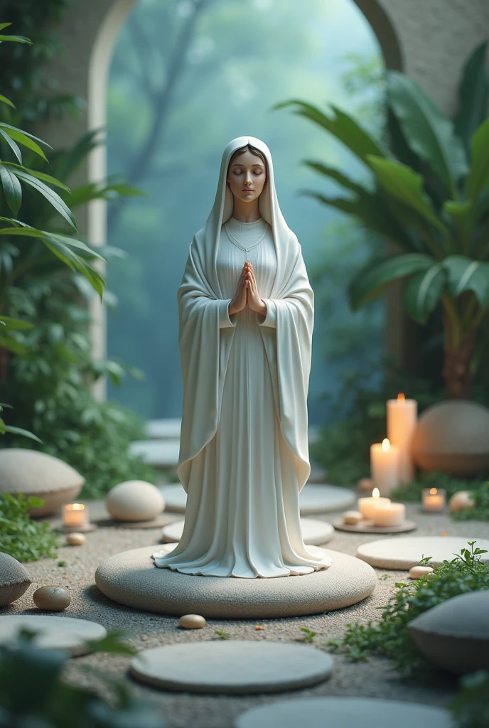 

Create a high definition image of Our Lady in a serene and balanced environment. She should be sitting in a quiet space, like a garden or a calm natural environment, with an expression of peace and balance. Include meditation elements, as meditation cushions or a space for reflection, and use soft colors like blues and greens. The image should convey a sense of calm and harmony.."

