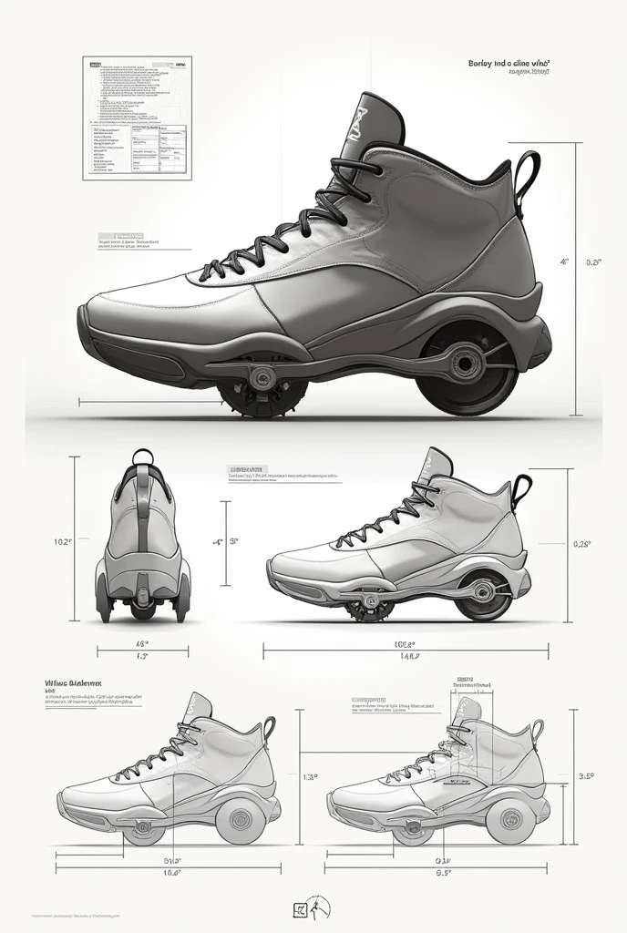 A schematic of a futuristic Jordan shoe with wheels and another schematic showing how the wheels can be retracted