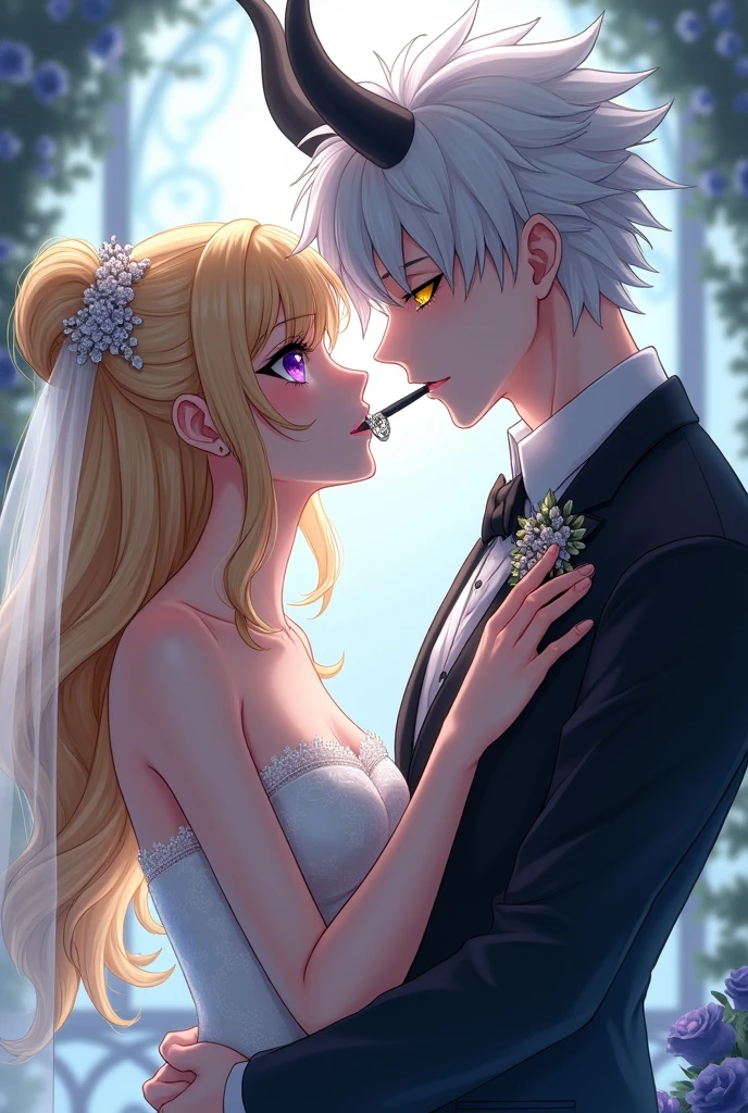anime woman , Blonde Short hair, purple eyes, with wedding dress,  with a man with white hair, With black streak , and horned, yellow eyes, Black toothpick,  Almost kissing, icon format 